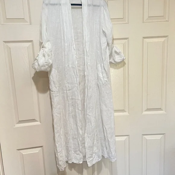 Made in Italy linen white Open Long Cardigan Pocket Lagenlook Beach relaxed SZ M - Picture 6 of 15